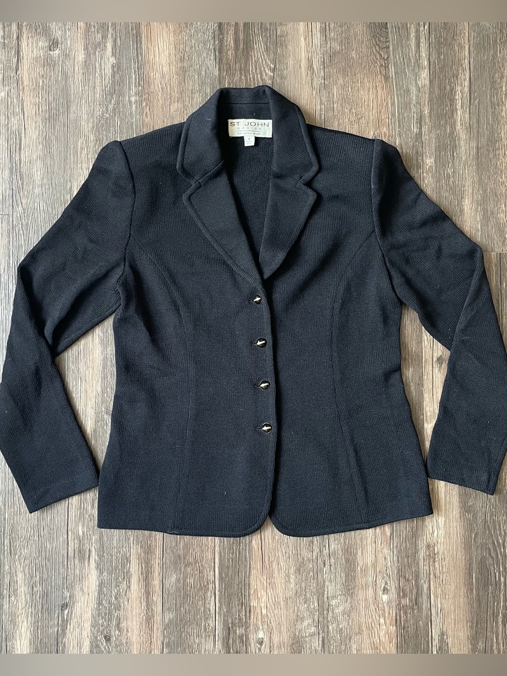 St. John Basics Black Santana Knit Sweater Blazer Size 4 Notched Lapel Preppy